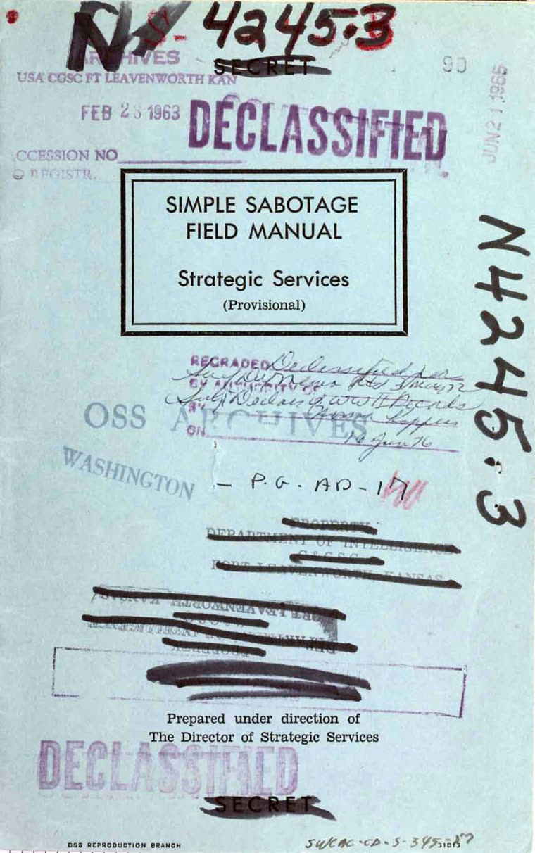 Cover of the 1944 OSS Simple Sabotage Field Manual, declassified in 2008, stamped SECRET and DECLASSIFIED.
